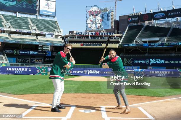 Marcus Foligno, left, and Matt Dumba of the Minnesota Wild pose for a photo at Target Field on September 27, 2021 in Minneapolis, Minnesota.