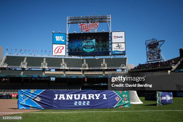 Signage displays the date of the Winter Classic between the St. Louis Blues and Minnesota Wild at Target Field on September 27, 2021 in Minneapolis,...