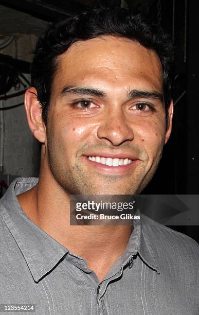 Mark Sanchez poses backstage at the hit musical "Catch Me If You Can" on Broadway at The Neil Simon Theater on June 3, 2011 in New York City.
