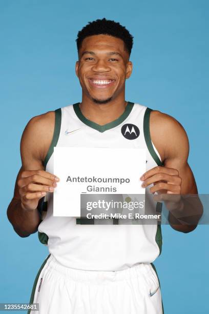 Giannis Antetokounmpo of the Milwaukee Bucks poses for a head shot during NBA Media Day at Fiserv Forum on September 27, 2021 in Milwaukee,...