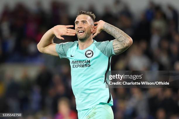 Shane Duffy of Brighton antagonises the Palace fans with his celebration of their last minute equaliser during the Premier League match between...