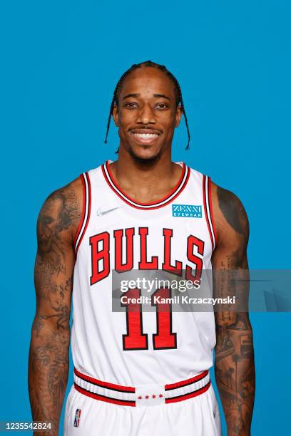 DeMar DeRozan of the Chicago Bulls poses for a head shot during NBA Media Day on September 27, 2021 at the United Center in Chicago, Illinois. NOTE...