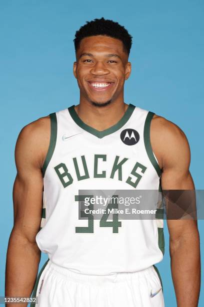 Giannis Antetokounmpo of the Milwaukee Bucks poses for a head shot during NBA Media Day at Fiserv Forum on September 27, 2021 in Milwaukee,...