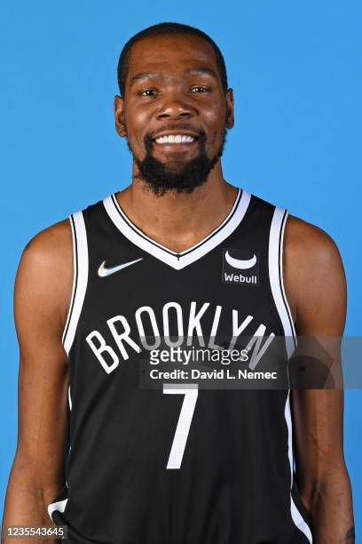 Kevin Durant of the Brooklyn Nets poses for a head shot during NBA Media Day on September 27, 2021 at Barclays Center in Brooklyn, New York. NOTE TO...