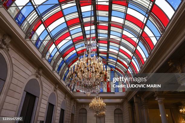 View of the stained glass window in the winter garden of the The Elysee Palace, the official residence of the President of the French Republic, by...