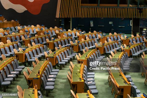 View of the empty hall before the start of the debate at 76th UN General Assembly at UN Headquarters.