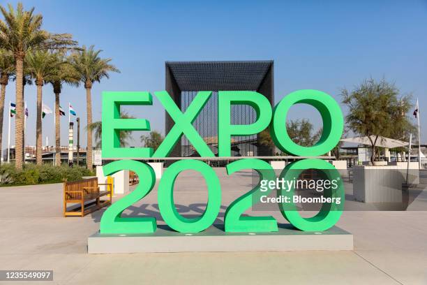 An 'Expo 2020' sign at the entrance to the exhibition site in Dubai, United Arab Emirates, on Tuesday, Sept. 28, 2021. The city is opening up to...