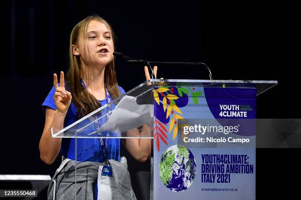 Greta Thunberg gestures during opening plenary session of the Youth4Climate pre-COP26 event. The 2021 United Nations Climate Change Conference, also...