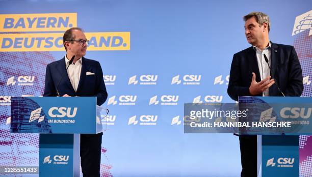 The Christian Social Union parliamentary group leader Alexander Dobrindt and the leader of Germany's conservative Christian Social Union party and...