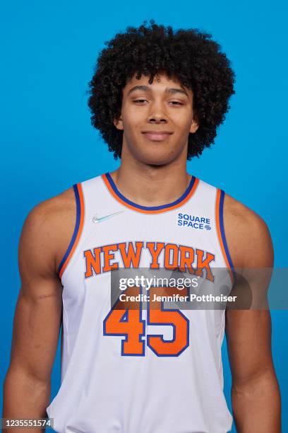 Jericho Sims of the New York Knicks poses for a head shot during NBA media day on September 27, 2021 at the Madison Square Garden Training Center in...