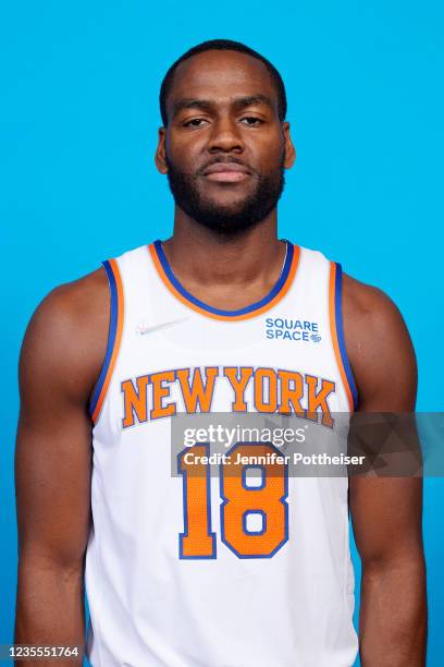 Alec Burks of the New York Knicks poses for a head shot during NBA media day on September 27, 2021 at the Madison Square Garden Training Center in...