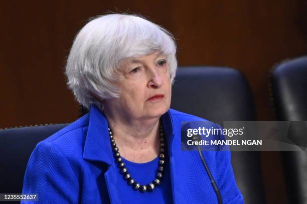 Treasury Secretary Janet Yellen speaks during a Senate Banking, Housing and Urban Affairs Committee hearing on the CARES Act, at the Hart Senate...