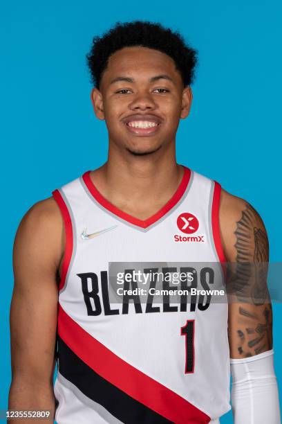 Anfernee Simons of the Portland Trail Blazers poses for a head shot during NBA media day on September 27, 2021 at the MODA Center in Portland,...