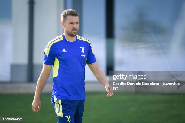 Juventus player Aaron Ramsey during a Champions League training session at JTC on September 28, 2021 in Turin, Italy.