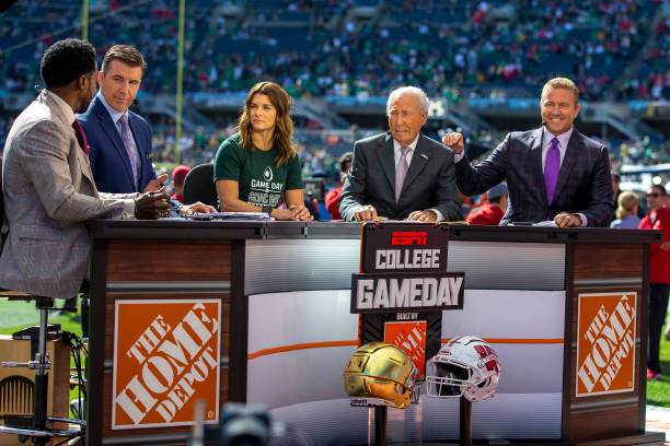 College Gameday staff Desmond Howard, Rece Davis, Lee Corso and Kirk Herbstreit along with celebrity guest picker former Indy Car and NASCAR driver...