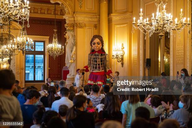 Public mini-concert takes place for "Little Amal" at the Grand Théâtre de Geneve on September 28, 2021 in Geneva, Switzerland. Little Amal is a...