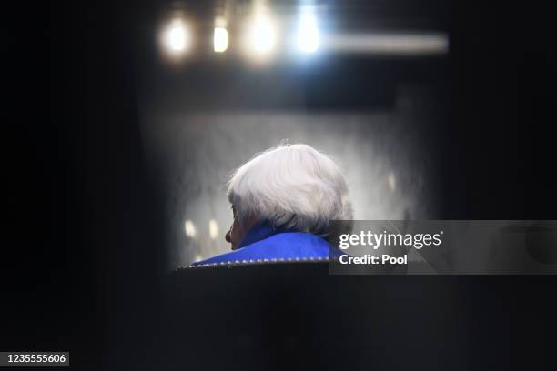 Treasury Secretary Janet Yellen testifies at a Senate Banking, Housing and Urban Affairs Committee hearing on the CARES Act, at the Hart Senate...