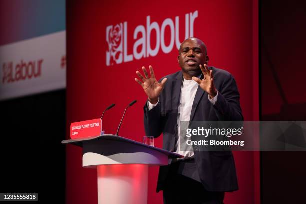 David Lammy, U.K. Shadow lord chancellor, speaks during the annual Labour Party conference in Brighton, U.K., on Tuesday, Sept. 28, 2021. U.K.'s...