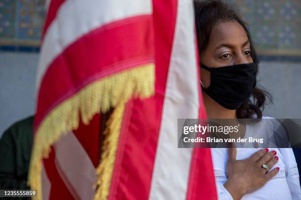 Los Angeles, CA - September 11,2021: Capri Maddox, executive director of the Los Angeles Department of Civil and Human Rights holds her right hand...