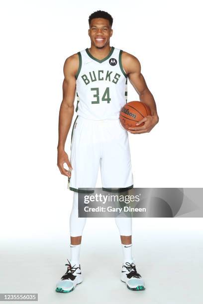 Giannis Antetokounmpo of the Milwaukee Bucks poses for a portrait during NBA Media Day at Fiserv Forum on September 27, 2021 in Milwaukee, Wisconsin....