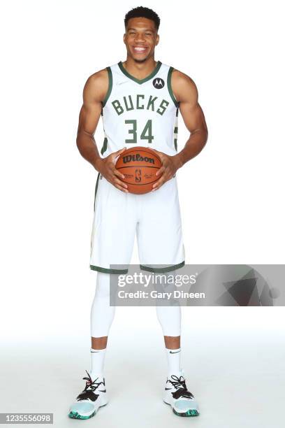 Giannis Antetokounmpo of the Milwaukee Bucks poses for a portrait during NBA Media Day at Fiserv Forum on September 27, 2021 in Milwaukee, Wisconsin....