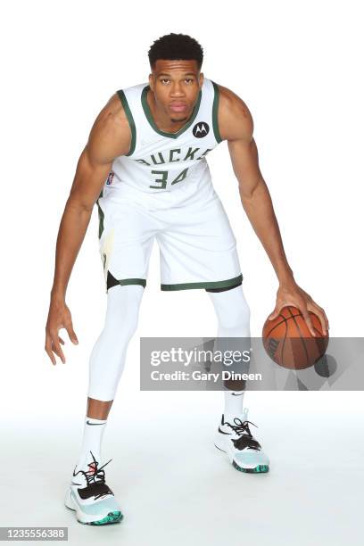 Giannis Antetokounmpo of the Milwaukee Bucks poses for a portrait during NBA Media Day at Fiserv Forum on September 27, 2021 in Milwaukee, Wisconsin....