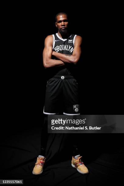 Kevin Durant of the Brooklyn Nets poses for a portrait during NBA Media Day on September 27, 2021 at Barclays Center in Brooklyn, New York. NOTE TO...