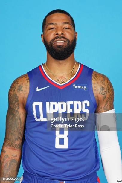 Marcus Morris Sr. #8 of the LA Clippers poses for a head shot during NBA media day on September 27, 2021 at the Honey Training Center: Home of the LA...