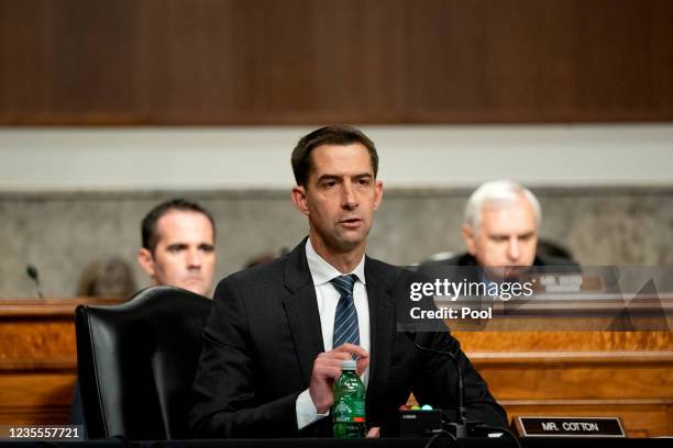 Sen. Tom Cotton speaks during a Senate Armed Services Committee hearing on the conclusion of military operations in Afghanistan and plans for future...