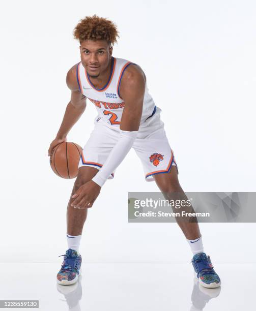 Miles McBride of the New York Knicks poses for portraits during NBA Media Day on September 27, 2021 at the Knicks Practice Facility in Tarrytown, New...