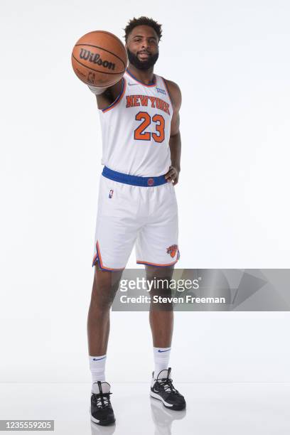 Mitchell Robinson of the New York Knicks poses for portraits during NBA Media Day on September 27, 2021 at the Knicks Practice Facility in Tarrytown,...