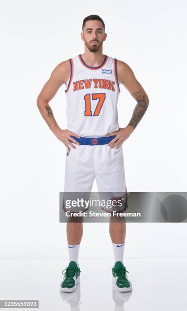 Luca Vildoza of the New York Knicks poses for portraits during NBA Media Day on September 27, 2021 at the Knicks Practice Facility in Tarrytown, New...