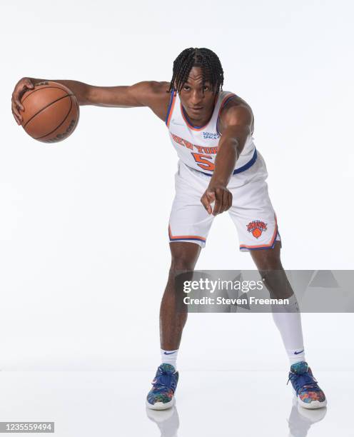 Immanuel Quickley of the New York Knicks poses for portraits during NBA Media Day on September 27, 2021 at the Knicks Practice Facility in Tarrytown,...