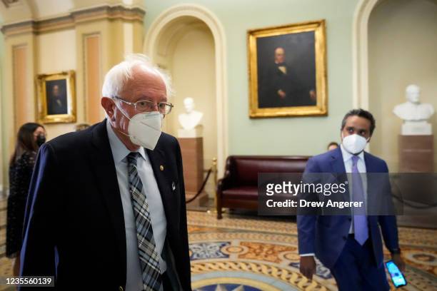 Sen. Bernie Sanders arrives for a lunch meeting with Senate Democrats at the U.S Capitol on September 28, 2021 in Washington, DC. Senator Sanders...