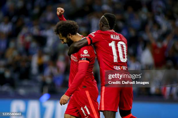 Mohamed Salah of Liverpool FC and Sadio Mane of Liverpool FC celebrates after scoring his team's first goal during the UEFA Champions League group B...