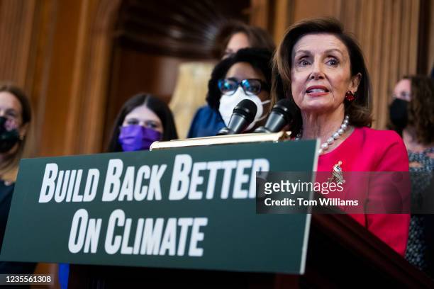Speaker of the House Nancy Pelosi, D-Calif., conducts a rally to promote climate benefits in the Build Back Better Act in the U.S. Capitol on...