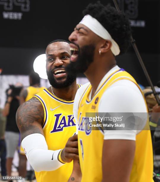 El Segundo, CA. September 28, 2021: Lakers Lebron James, left, and Anthony Davis share a laugh during media day at the UCLA Health Training Center in...