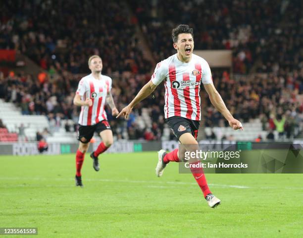Luke O'Nien of Sunderland celebrates after he scores the fourth goal during the Sky Bet League One match between Sunderland and Cheltenham Town at...