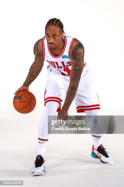 DeMar DeRozan of the Chicago Bulls poses for a portrait during NBA Media Day on September 27, 2021 at the United Center in Chicago, Illinois. NOTE TO...