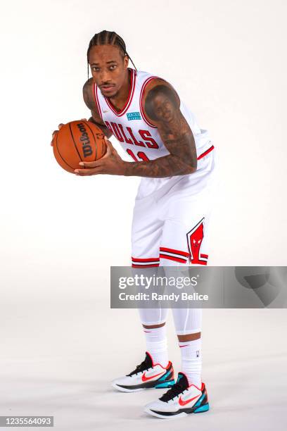 DeMar DeRozan of the Chicago Bulls poses for a portrait during NBA Media Day on September 27, 2021 at the United Center in Chicago, Illinois. NOTE TO...