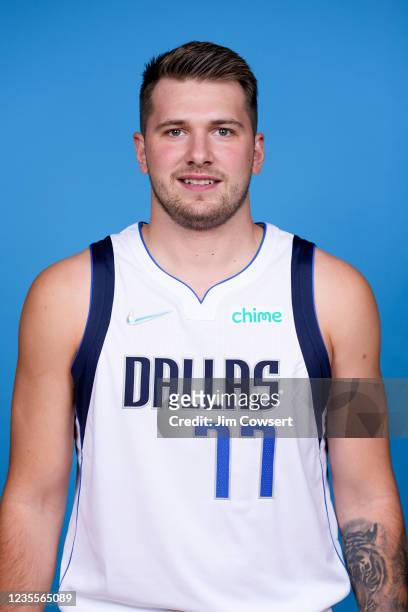 Luka Doncic of the Dallas Mavericks poses for a head shot during NBA media Day on September 28, 2021 at American Airlines Center in Dallas, Texas....