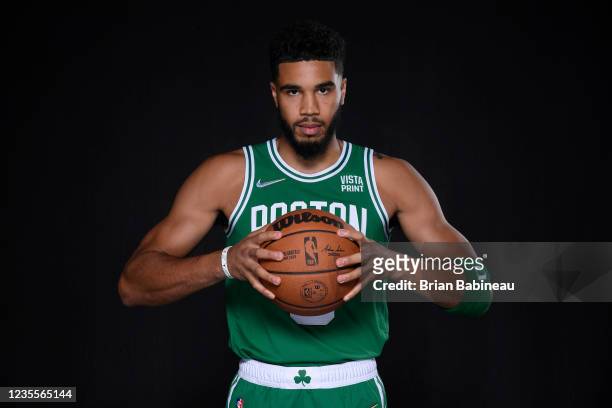 Jayson Tatum of the Boston Celtics poses for a head shot during NBA media day on September 27, 2021 at the TD Garden in Boston, Massachusetts. NOTE...