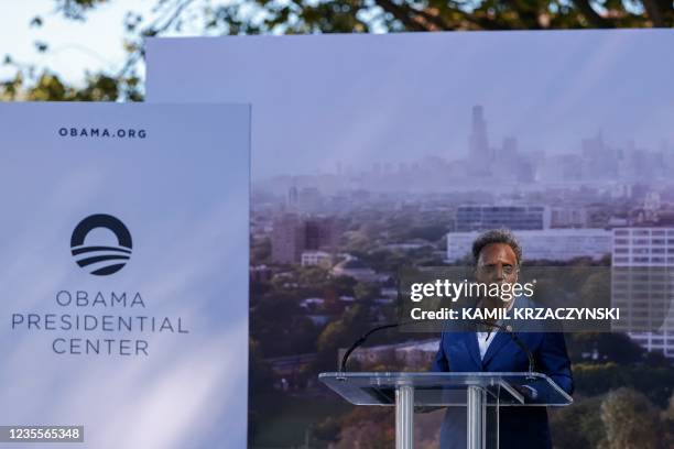 Chicago mayor Lori Lightfoot speaks during a groundbreaking ceremony for the Obama Presidential Center at Jackson Park on September 28, 2021 in...