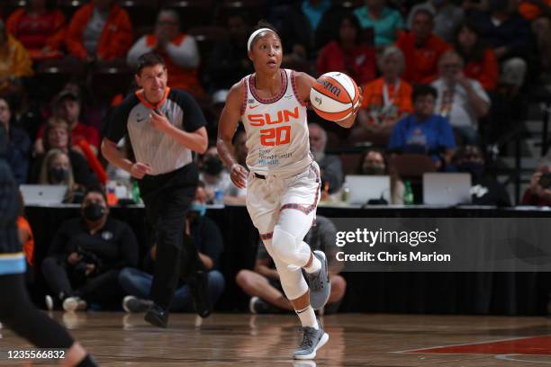 Briann January of the Connecticut Sun handles the ball during the game against the Chicago Sky during Game One of the 2021 WNBA Semifinals on...