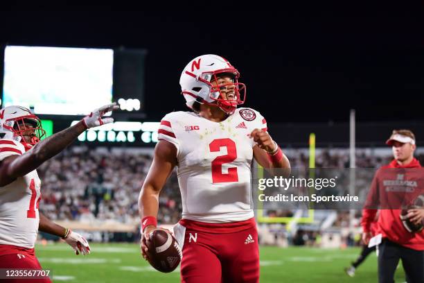 Nebraska Cornhuskers quarterback Adrian Martinez celebrates a 4th quarter touchdown during a college football game between the Michigan State...