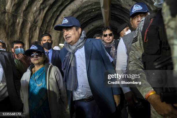 Nitin Gadkari, India's Minister of Road Transport and Highways, center, visits the under construction 6.5 km Z-Morh tunnel, built by APC0 and part of...