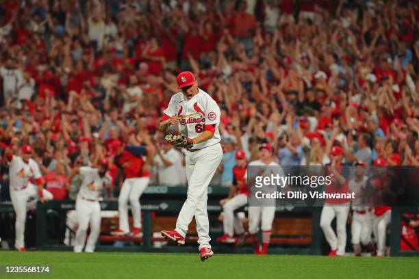 Giovanny Gallegos of the St. Louis Cardinals celebrates after beatingthe Milwaukee Brewers in the ninth inning to clinch a wild-card playoff birth at...