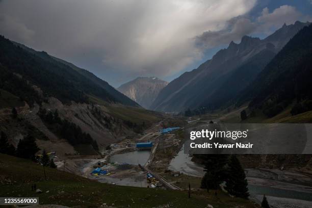 View of mountains from under construction Zojila tunnel which will connect Kashmir with Ladakh, on September 28, 2021 in Baltal 100 km east of...