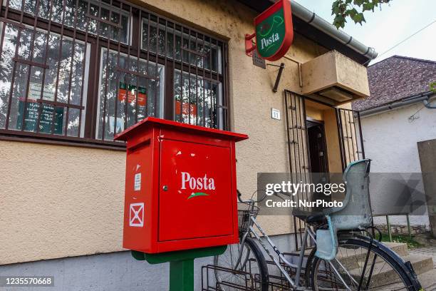 Post office sign is seen in Bogacs, Hungary on 24 September 2021