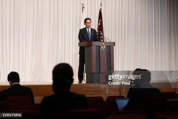 Japans former Foreign Minister Fumio Kishida speaks to the media after winning the ruling Liberal Democratic Party's presidential election on...